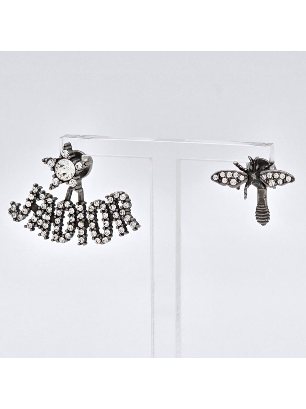 Dior J'adior Earrings Logo Bee Crystal Asymmetric Antique Silver Tone Metal